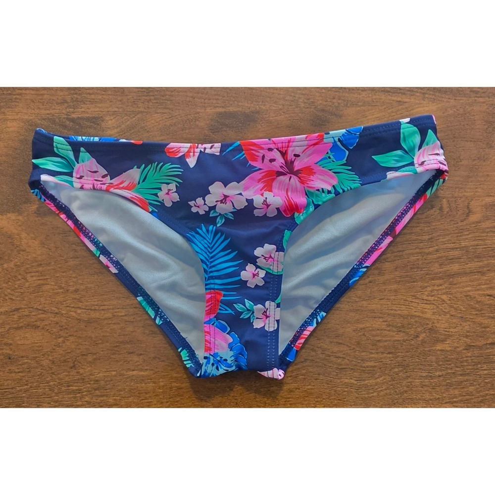 Girls Navy Blue Tropical Floral Bikini Swim Bottoms Size 12 Turquoise Hibiscus